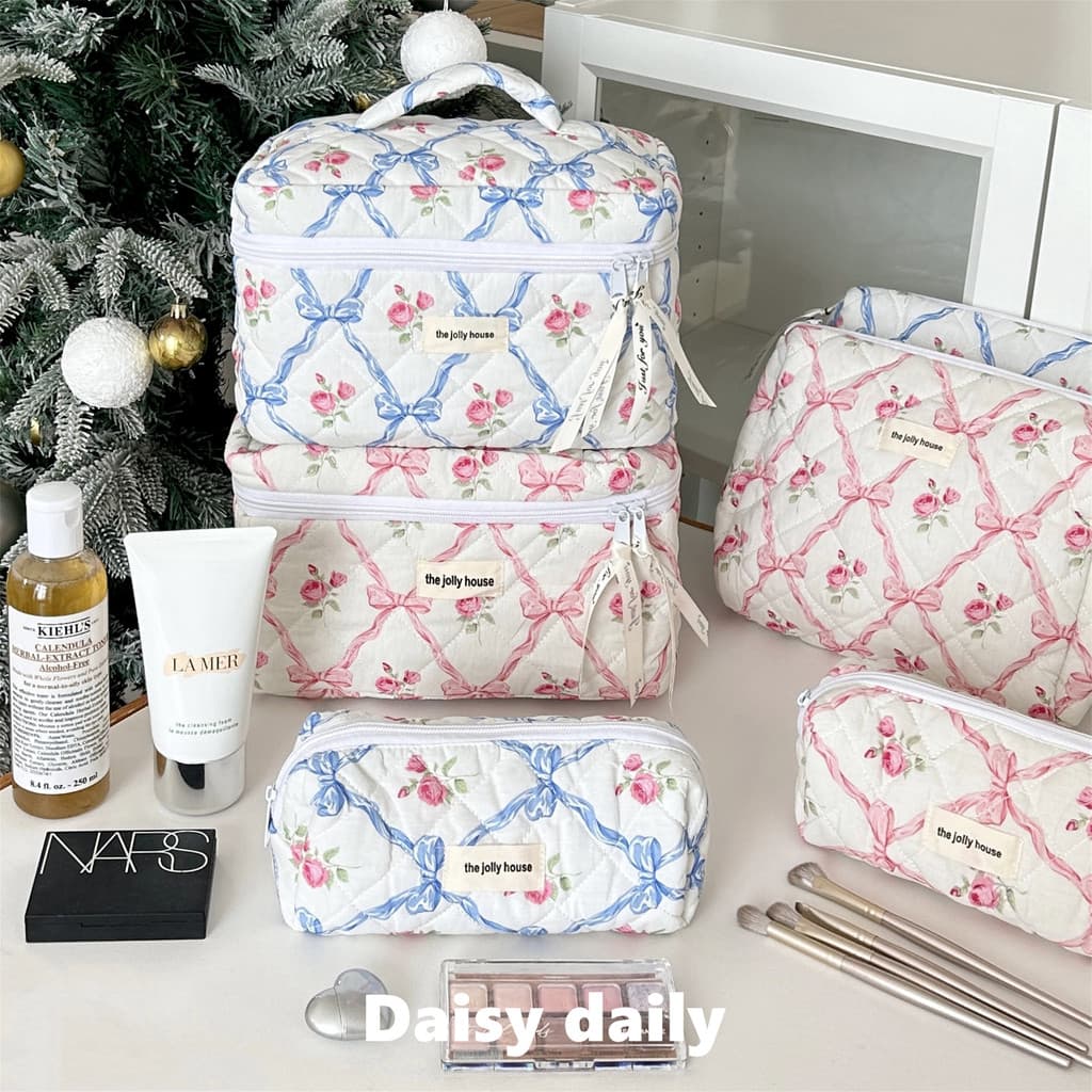 Bolsa cosmética acolchoada de algodão com laço rosa de alto valor, bolsa portátil para viagem, bolsa de higiene pessoal
