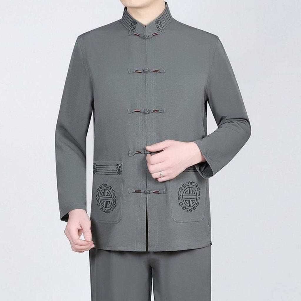 Minruo High-End luz luxo terno masculino de seda gelo Tang terno de meia-idade idosos roupas masculinas de manga comprid