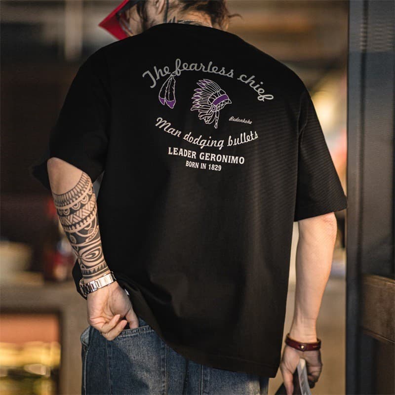 Moda ferramentas americano Retro indiano vegetal curtido impresso camiseta solta pesado Slub puro algodão de manga curta