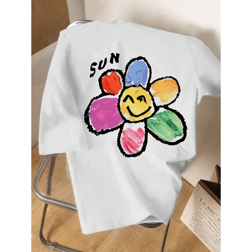 Camiseta Estampada Casual Masculina de Ombro Caído Estampa Floral Solta, Verão
