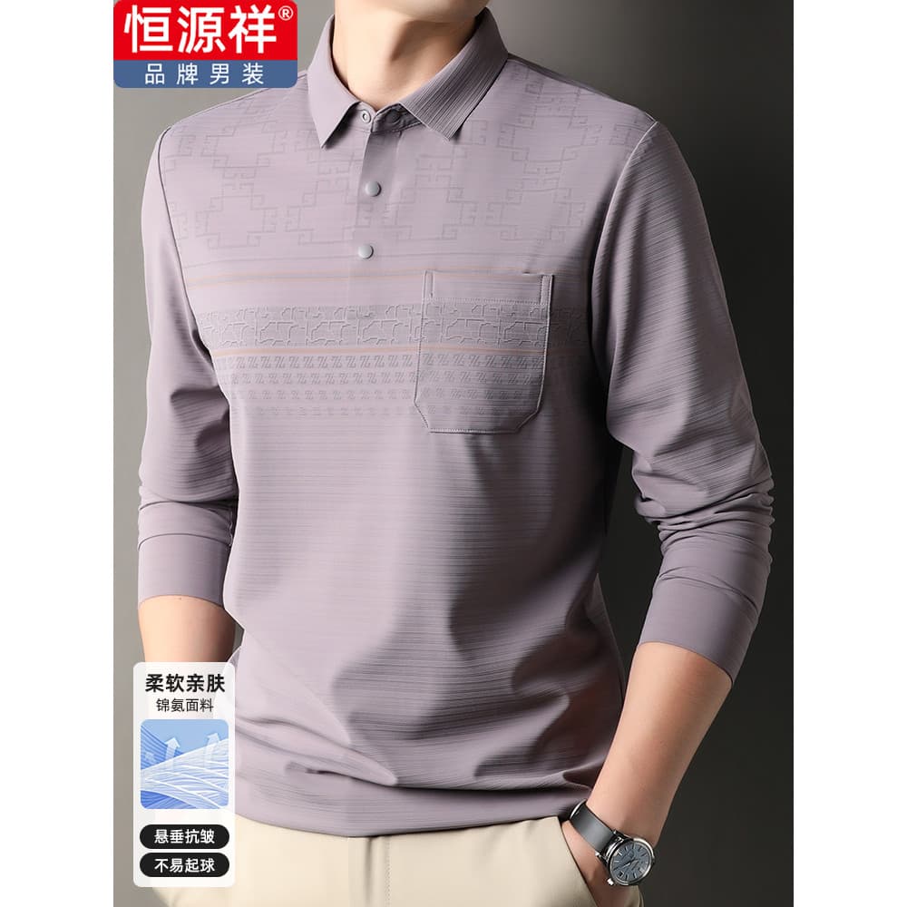 Hengyuanxiang High-End de meia-idade masculina de manga comprida camiseta lapela bolso pai solto Casual primavera outono