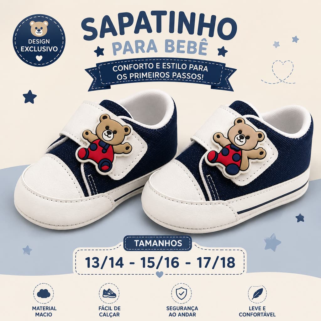 Sapatinho de Bebê Jeans com Velcro e Ursinho -Tamanhos P M e G  Macio e Confortável
