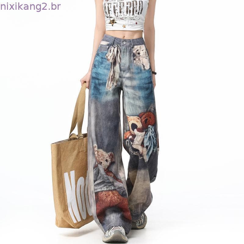 Retro urso impressão Jeans de perna larga feminino 2026 verão fino rua estilo Casual mais magro olhar solto calças de pe