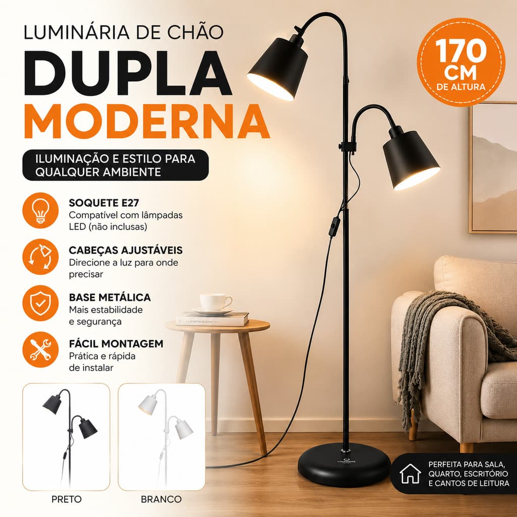 Luminária de Chão Dupla 170cm E27 Moderna para Sala Quarto Escritório Abajur de Piso Cabeças Ajustáveis