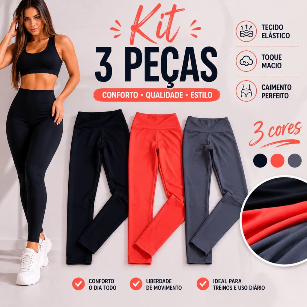 Kit 3 Calças Legging Feminina Poliamida Academia Treino e Dia a Dia