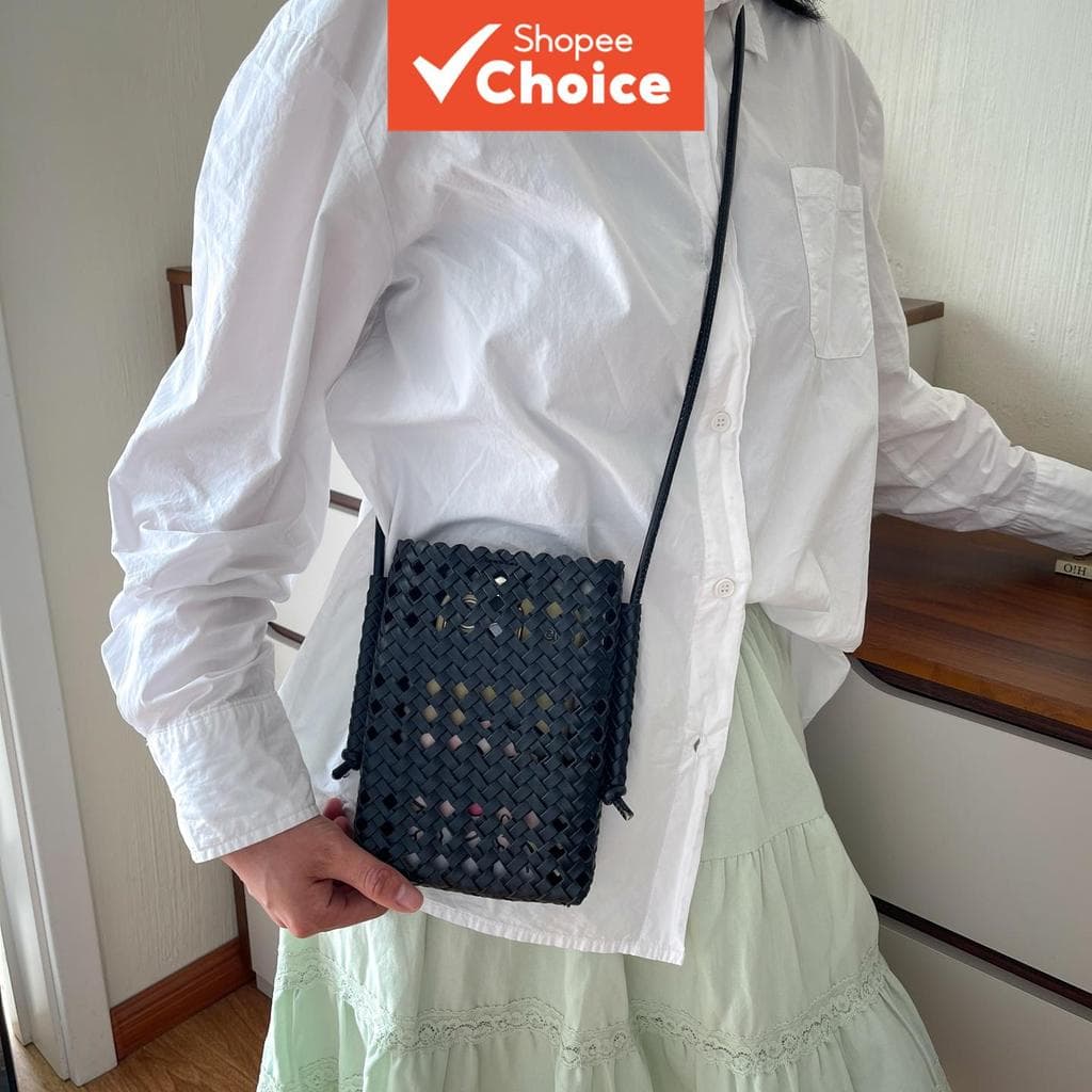 Bolsa tiracolo feminina de couro tecida mini, bolsa casual para celular com trama vazada