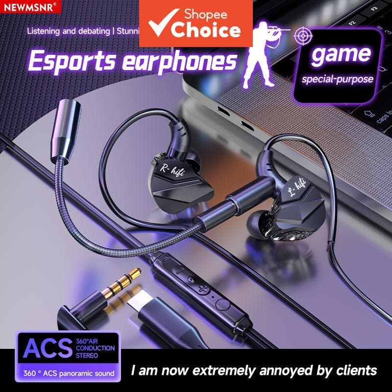 Fones de Ouvido NEWMSNR Esports para Jogos com Fio, Intra-Auriculares com Microfone, Conector Tipo-C/3,5 mm, Graves