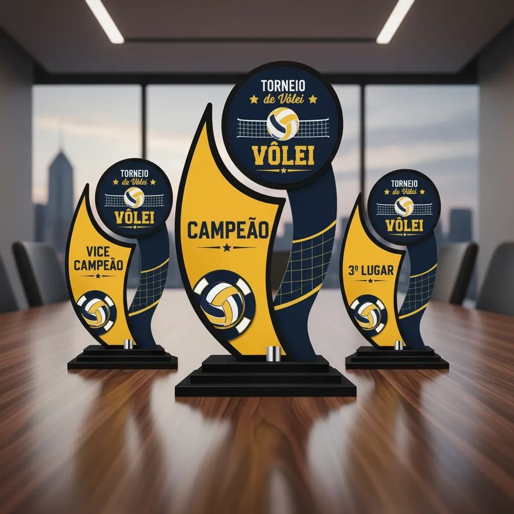 Kit Troféu Vôlei Mdf 20cm C/ 3 Peças Premiação Completa Vôlei