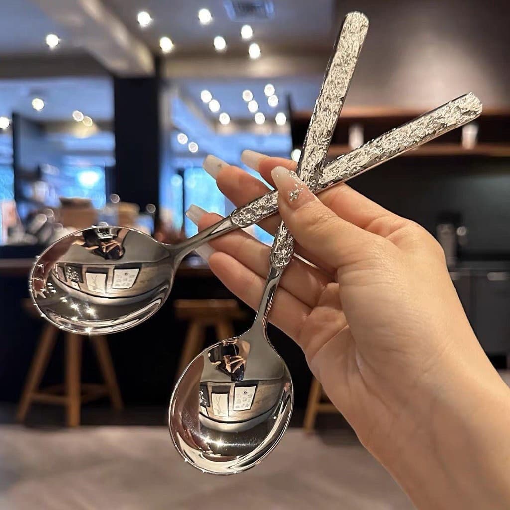 Colher de aço inoxidável, colher com padrão de vidro martelado estilo coreano, colher de sobremesa para restaurante, col