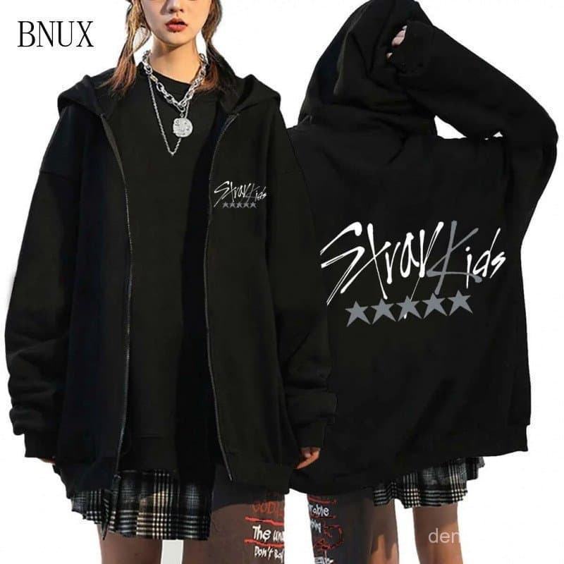 Moletom com Zíper Stray Kids 5 Stars para Mulheres e Homens, Jaqueta com Capuz Kpop SKZ, Moda Streetwear Coreana Strayki
