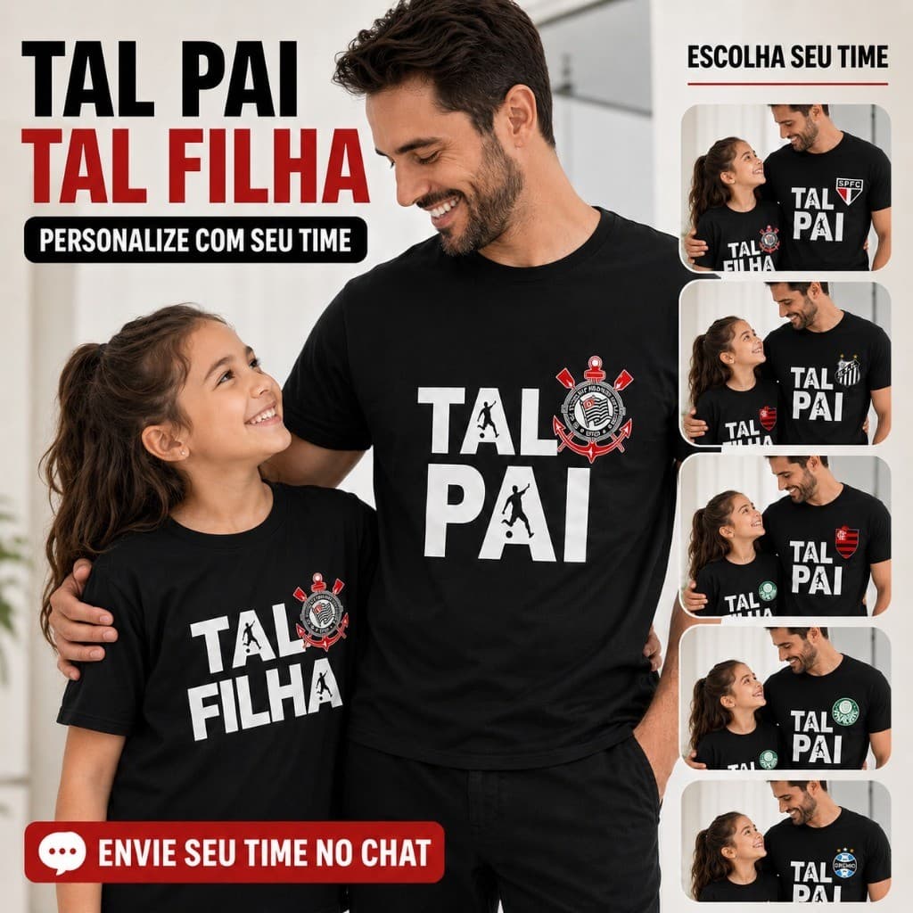 Camisetas Pai e Filha Tal Pai Tal Filha Esporte Futebol Kit Preto Escolha o Escudo do Seu Time