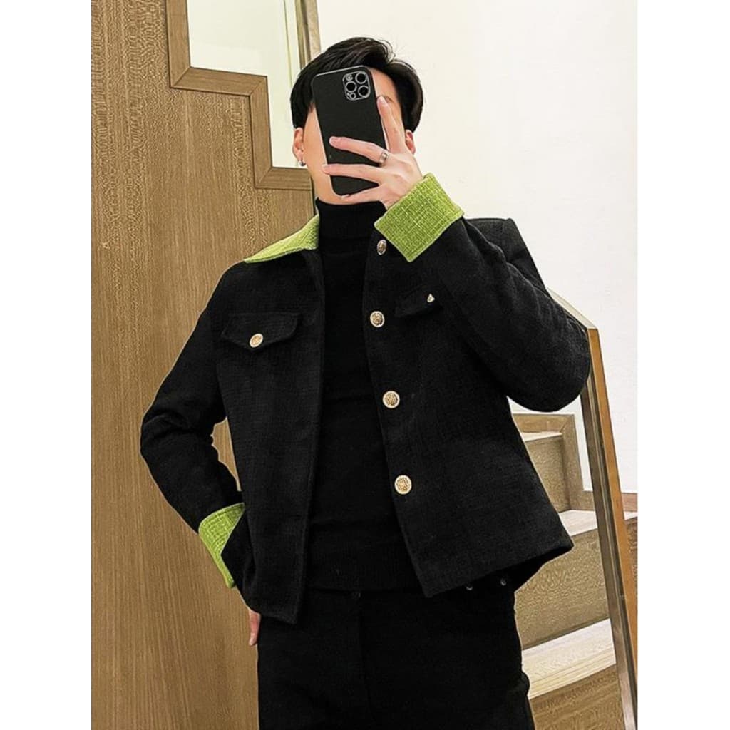 Versão coreana High-End sentimento contraste cor pequena fragrância jaqueta masculina engrossado estilo curto outono inv