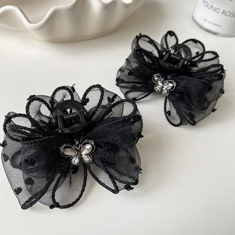 Preto gaze bolinhas bolha grab clip Bowknot strass plissado grampo de cabelo costura High-End cabelo grab tubarão clipe