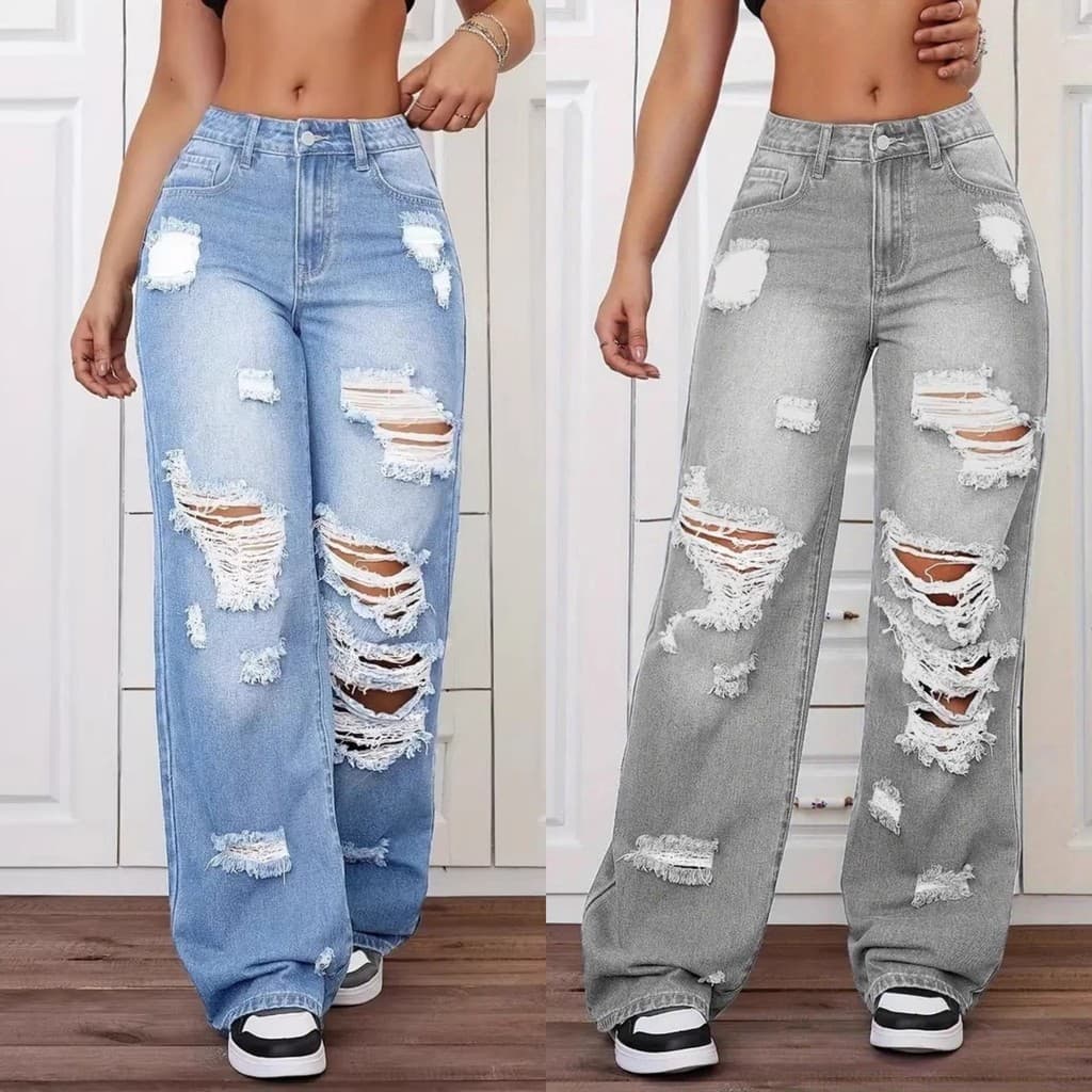 Calças jeans rasgadas de estilo europeu e americano, lavadas, de cintura alta, corte reto, versáteis e soltas para mulhe