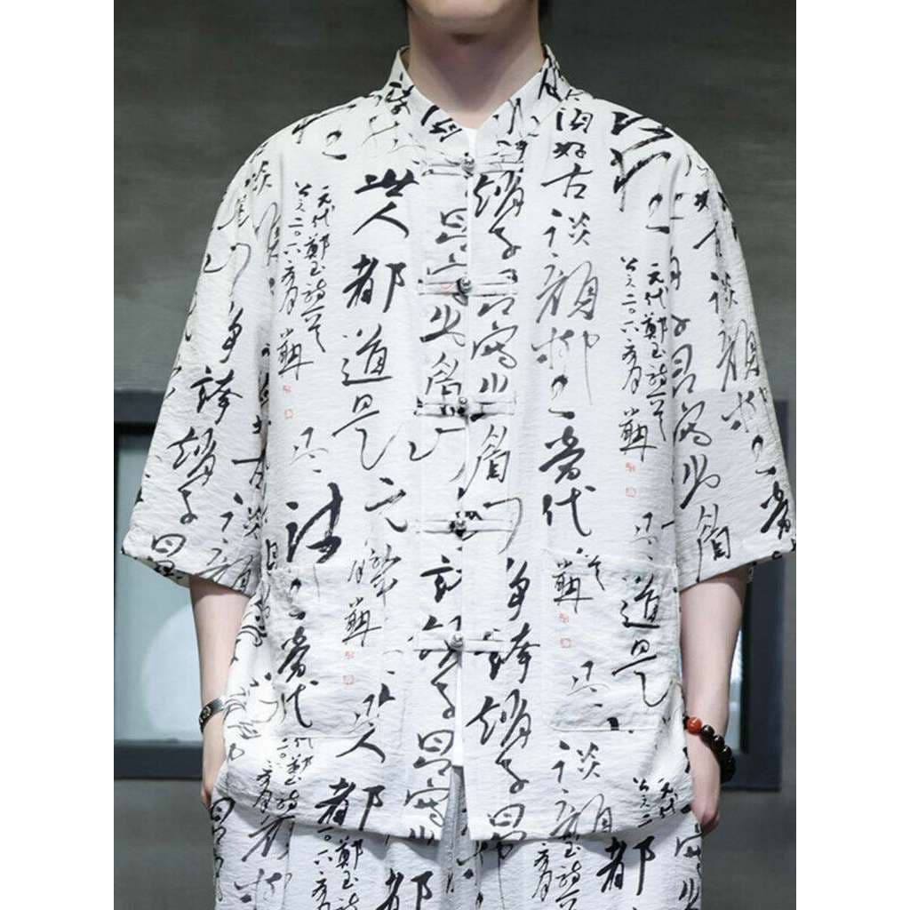 Texto antigo impresso chinês camisa de manga curta masculina verão novo Tang terno abotoado topo estilo chinês melhorado