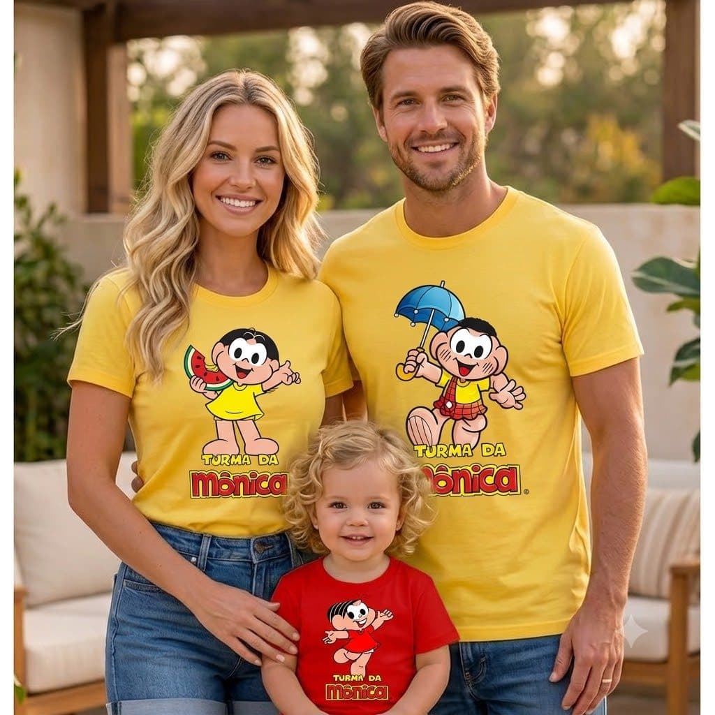 Camiseta Turma da Monica Familia Personagens Cebolinha Cascão Monica Infantil e Adulto Magali Sansão Camisa Algodão Fest