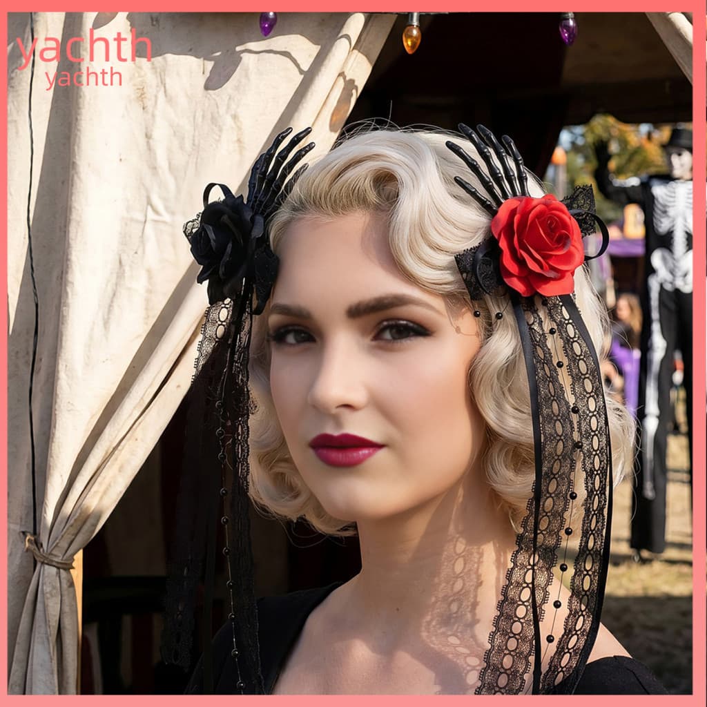 Skull Hand Hair Clip Skeleton Accessory Halloween Rose Hairpins Lace Bow Ribbon Clips for Women Girls Realistic Finger S