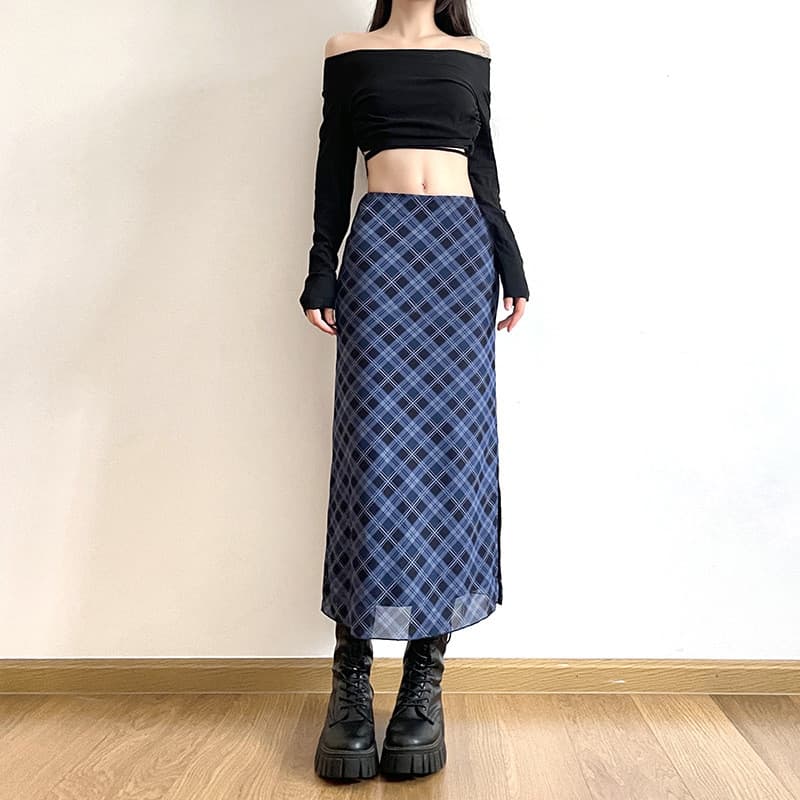 Primavera Outono Xadrez Impressão Envoltório Hip Magro Lápis Saia Feminina Moda Fenda Tornozelo Comprimento Estilo Prepp
