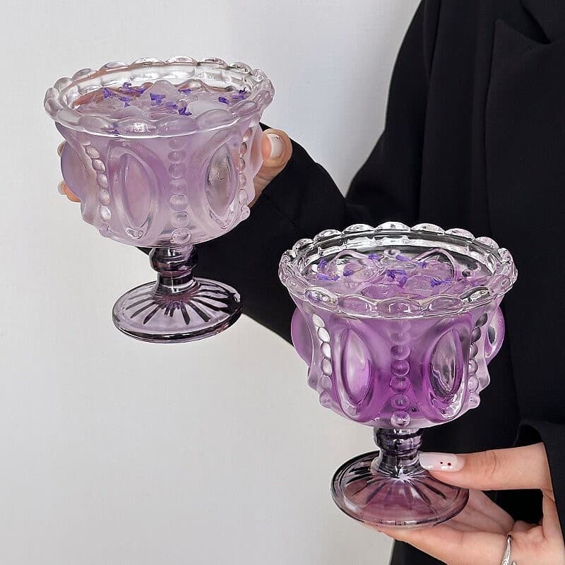 Nicho luz luxo Retro roxo pé cristal champanhe taça de vidro alto valor em relevo sobremesa copo bebida doméstica