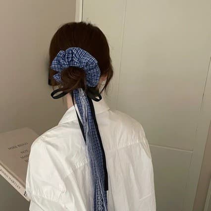 [Estoque pronto] estilo coreano tecido xadrez arco fita Scrunchy anel de cabelo feminino estilo balé bola corda de cabel