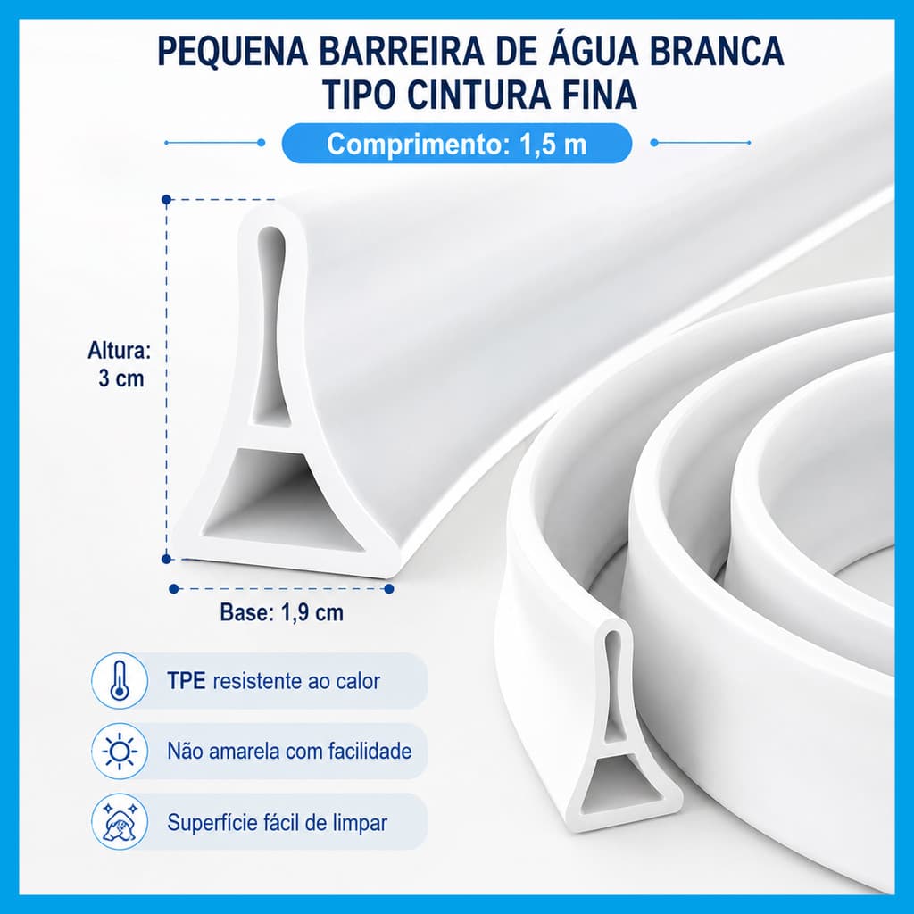 Veda Água para Box Banheiro 1,5m Branco TPE Autoadesivo Flexível e Cortável para Piso, Banheira e Cozinha