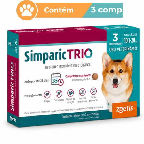 Antipulgas Simparic Trio 24mg Cães 10,1 a 20kg 3 Comprimidos