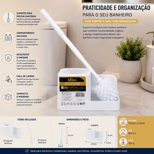 Kit Suporte Multiuso Escova Sanitaria Branca Limpeza Facil Compacto Versatil