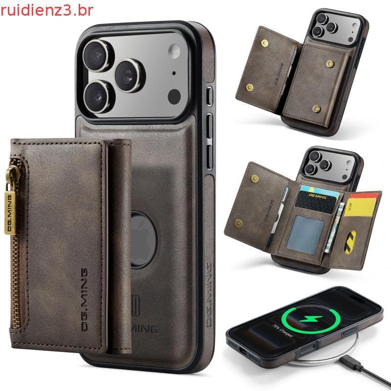 Capa De Couro Destacável Para iPhone 17 Pro Max Air 16E 16 Plus 15 14 13 12 11 Zíper Magnético Titular Do Cartão Carteir
