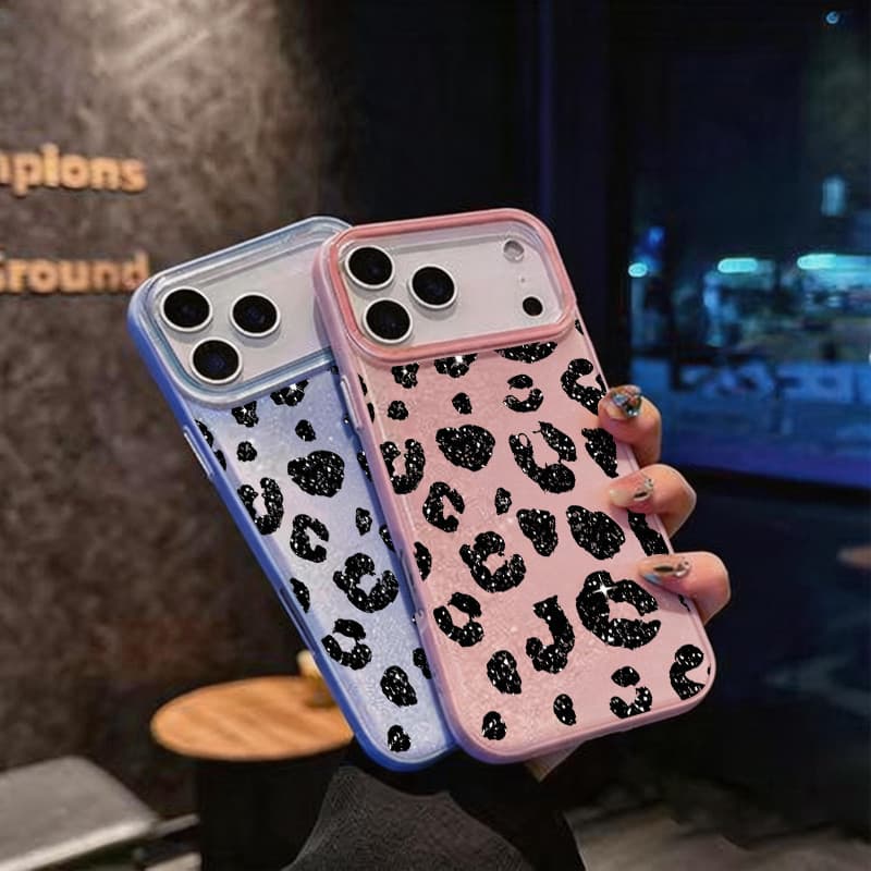 Capinha para iPhone 17/16/15/14/13/12 Pro Max Nova capa de celular minimalista com estampa de leopardo e glitter.