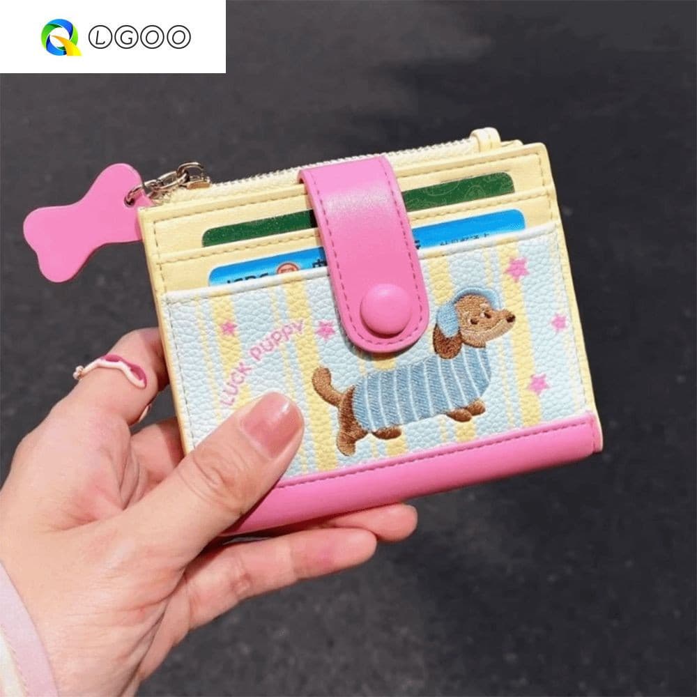 Carteira de PU com desenho animado LGOO, porta-cartões com zíper, porta-moedas bordado com dachshund, pequeno acessório