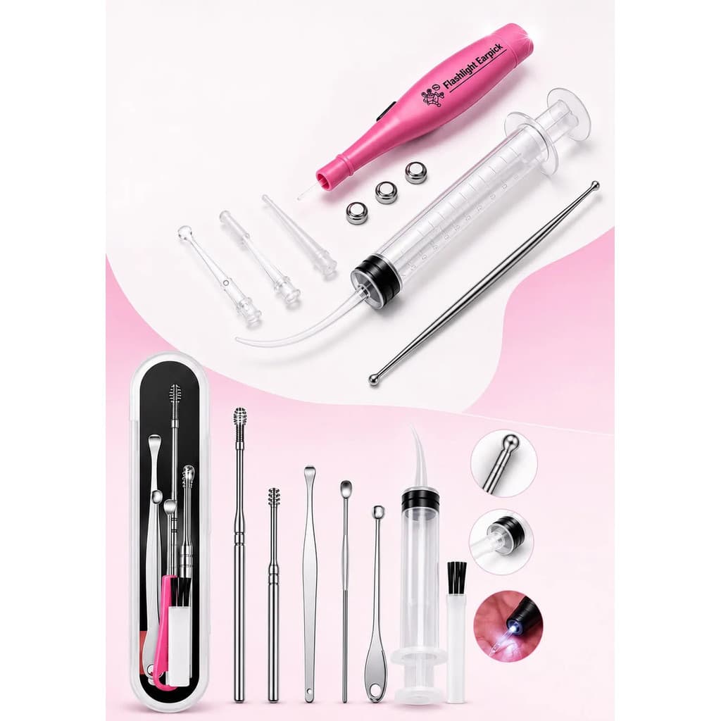 Removedor De Caseum + Limpador De Garganta E Ouvido Nariz Kit Inox Seringa Lavar Ouvido Cera Tonsilolitos Higiene Bucal