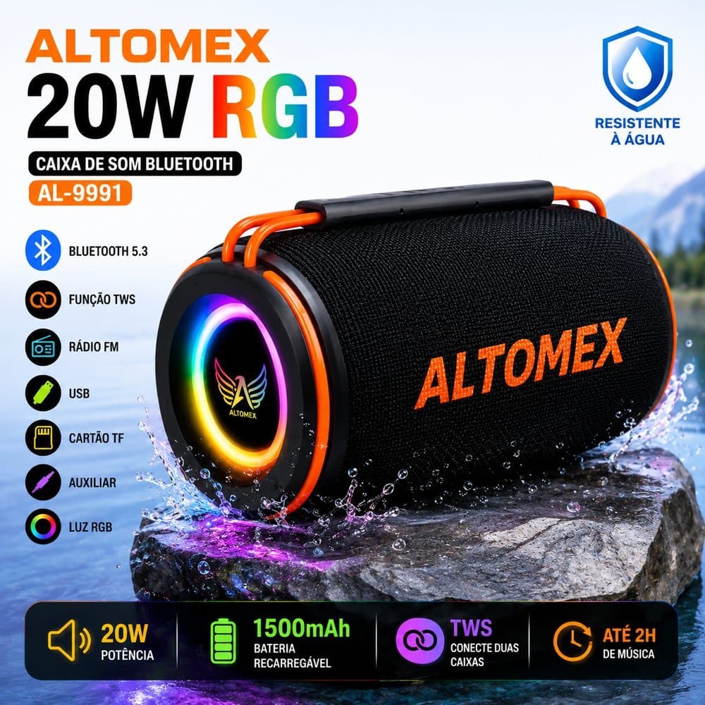 Caixa de Som Bluetooth 20W Altomex AL-9991 RGB TWS Resistente à Água USB TF FM Portátil Preto
