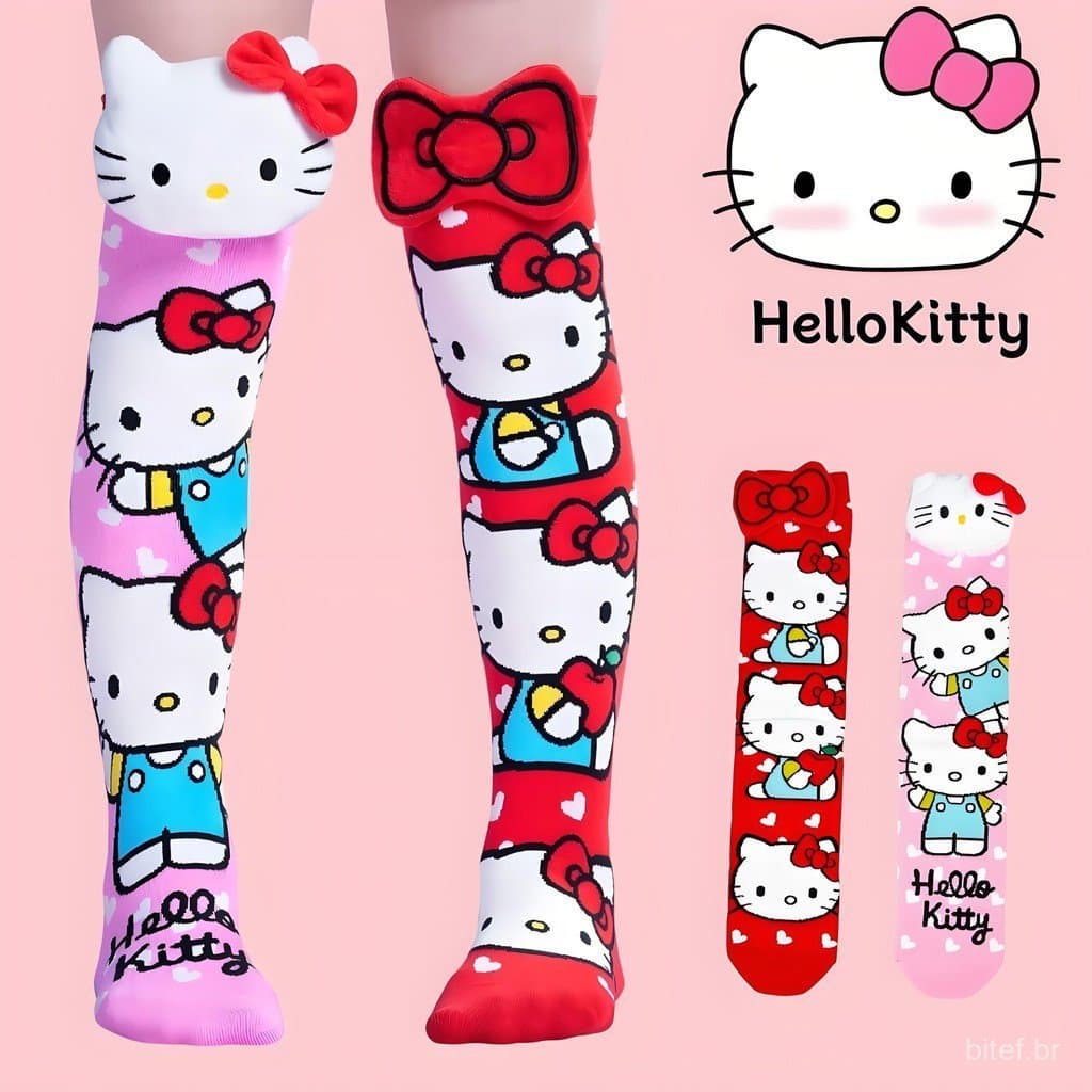 Meias Hello Kitty Infantil Cano Alto Divertida Cartoon 3D Meias Maluca Para Party