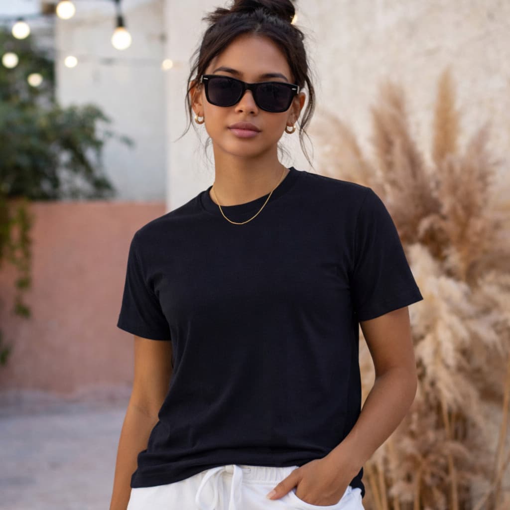 Blusa Feminina Algodão Slim Lisa Básica Premium Gola Redonda Casual Confortável Estilo Streetwear Preta