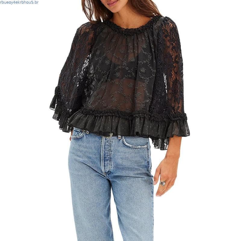 Cseta Feminina De Verão Moderna Com Renda Transparente , Manga Comprida , Gola Redonda , Tops De Festa