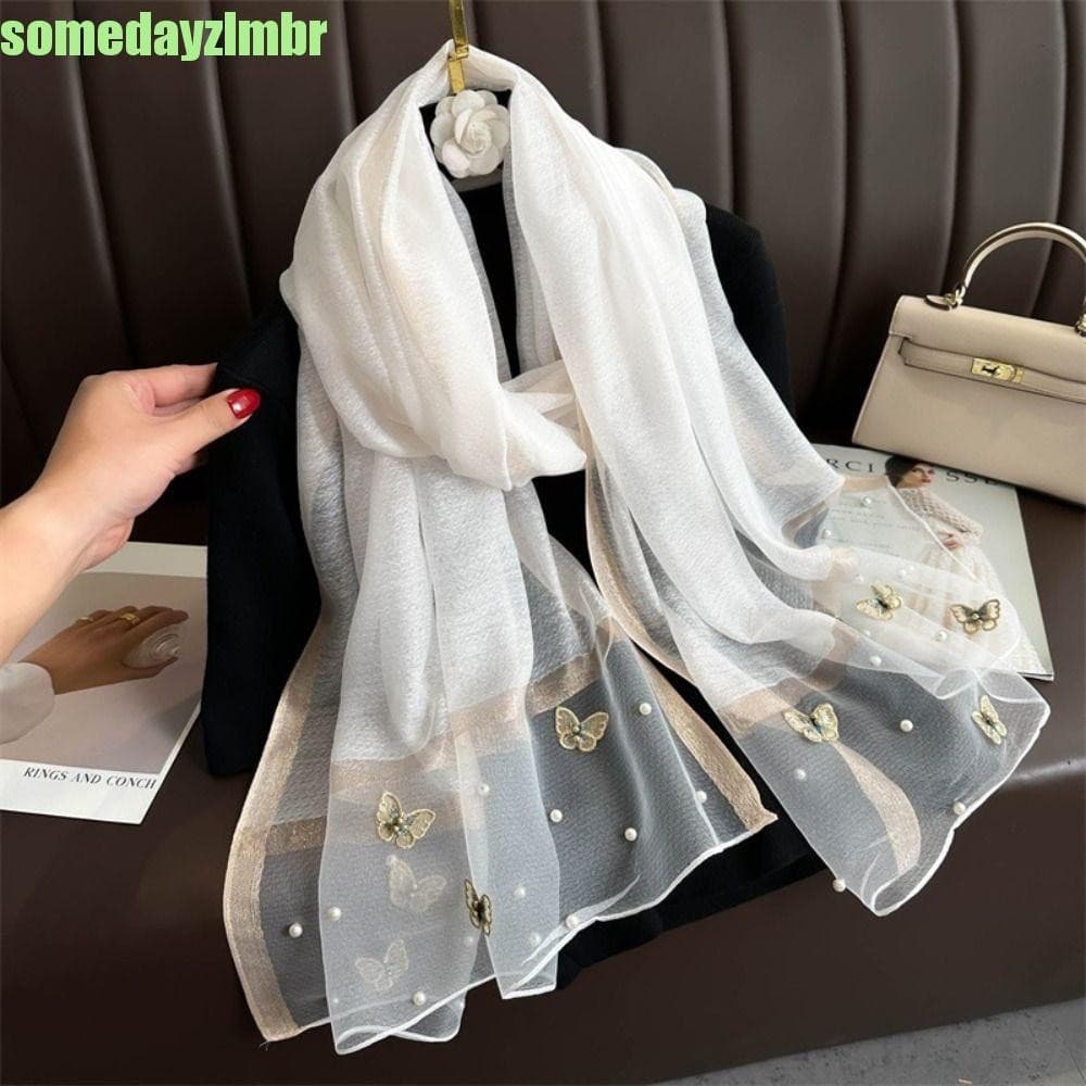SOMEDAYZL0M Lenço De Seda , Bordado De Borboleta De Pérola Fina , Envolve Grandes Xales Hijab Femininos De Luxo