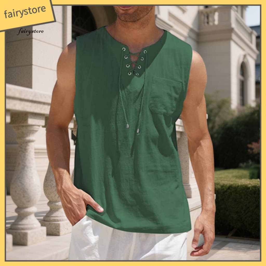 Comfortable and Light Men Top Polyester T-shirt Men's Sleeveless V-neck Lace-up Casual Tank with Chest Pocket – Loose