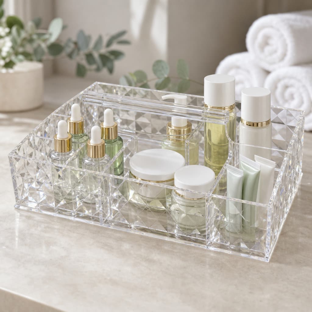 Organizador de Cosméticos e Maquiagens em Acrílico 8 Divisórias Transparente com Alça Multiuso Skincare Cremes