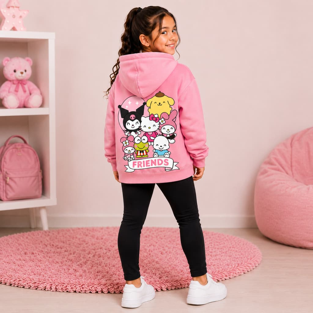 Conjunto Infantil Feminino Hello Kitty Friends Moletom Com Capuz e Legging Flanelada Inverno Menina
