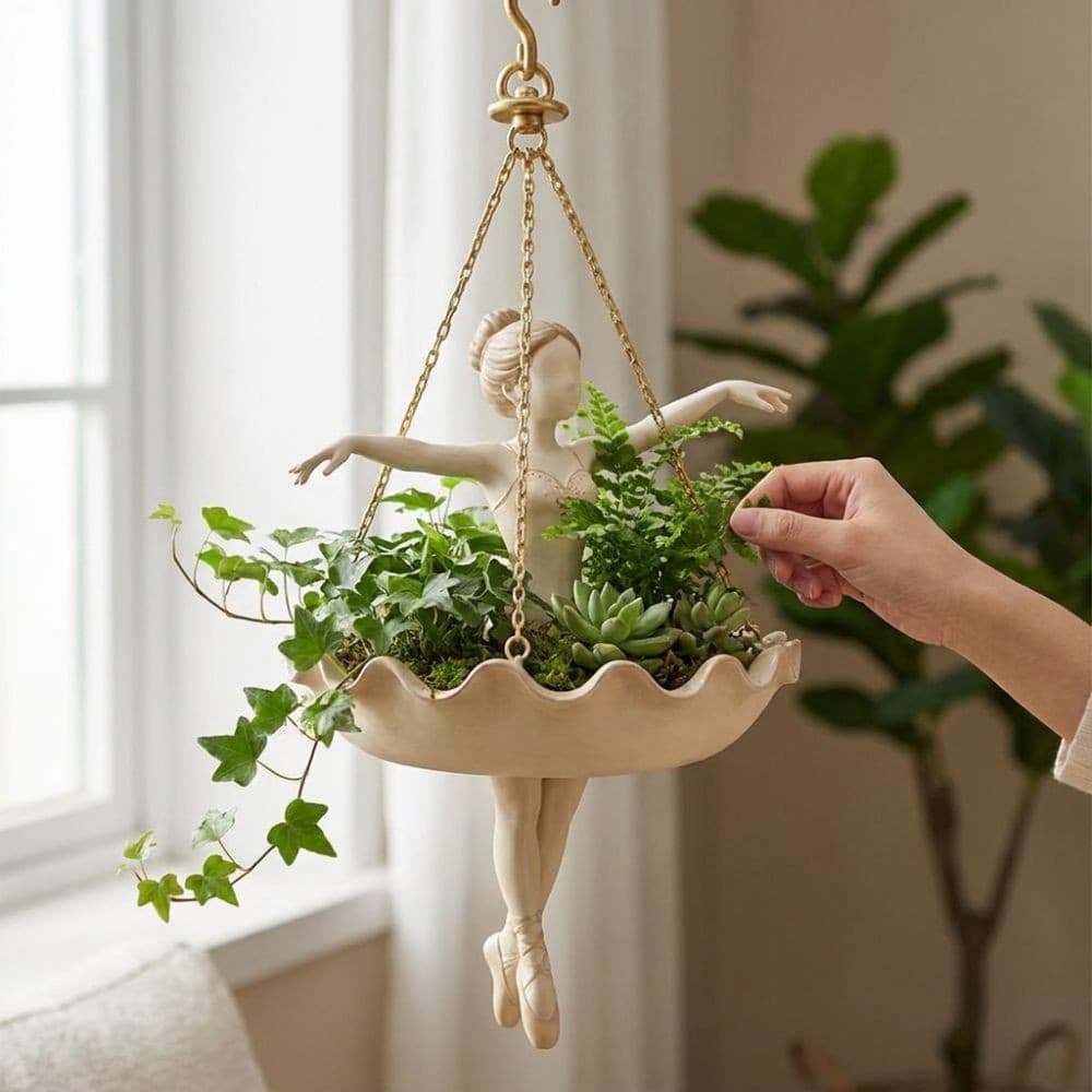 HWNOSU Ballet Dancer Pendurado Plantador , Elegante Figura De Bailarina Esculpida À Mão Vaso De Flores De Fadas , Resina