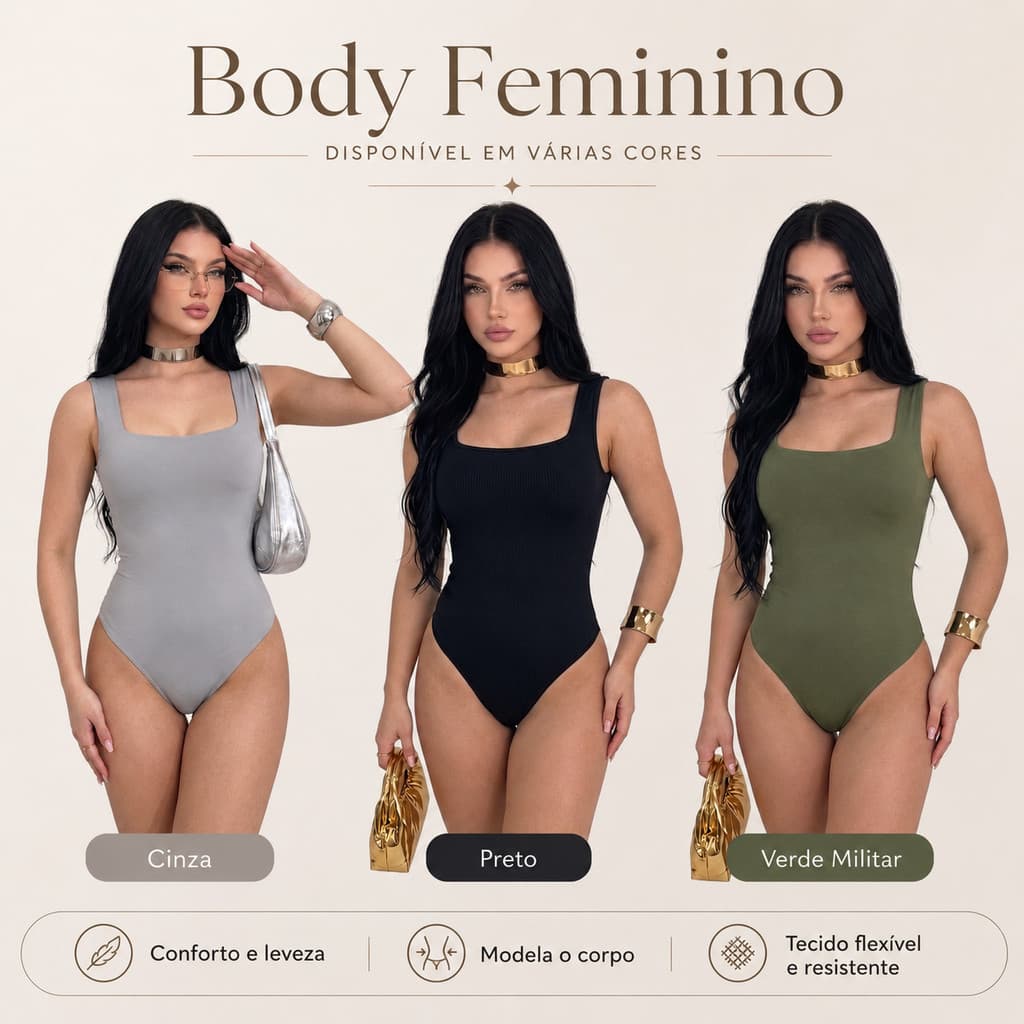 Kit 2 Body Feminino Decote Quadrado Modelagem Justa Confortável Básico Casual Elegante