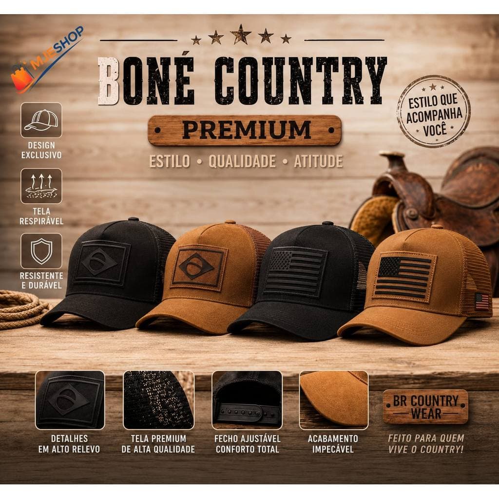 Boné Country Premium Unissex Trucker Tela Respirável Ajustável Alta Qualidade - Masculino e Feminino