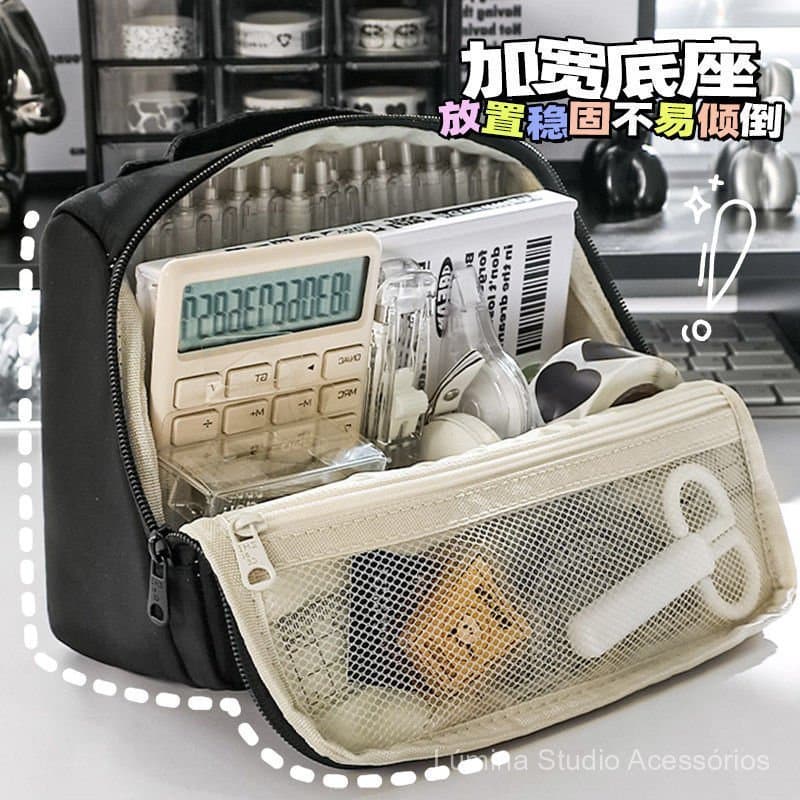 Estojo de Lápis de Grande Capacidade Altamente Atraente, Caixa de Papelaria Preta de Estilo Japonês Simples, Bolsa de Pa