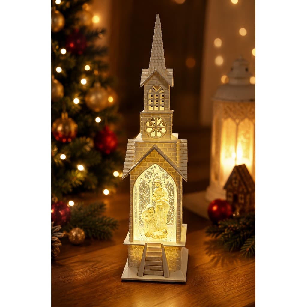 Enfeite Igreja Iluminada com Luz e Água Glitter Natal