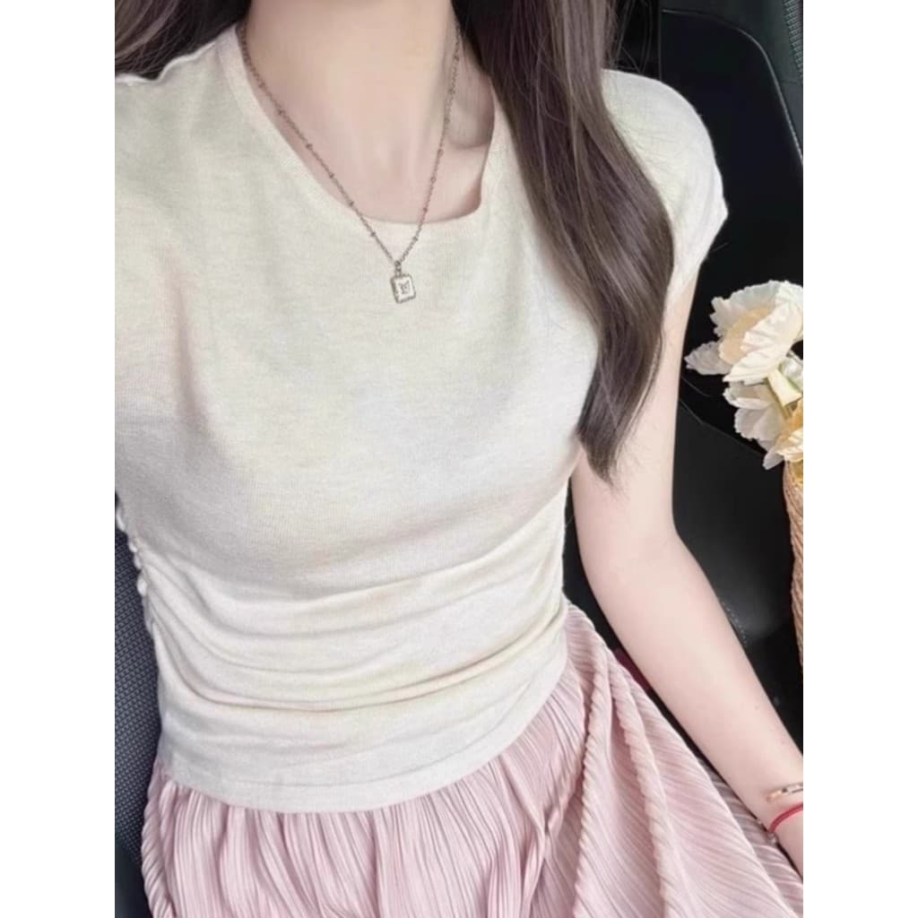 Damasco frente ombro manga curta camiseta roupa interior feminina 2026 verão fino-ajuste mais magro olhar camisola de ma