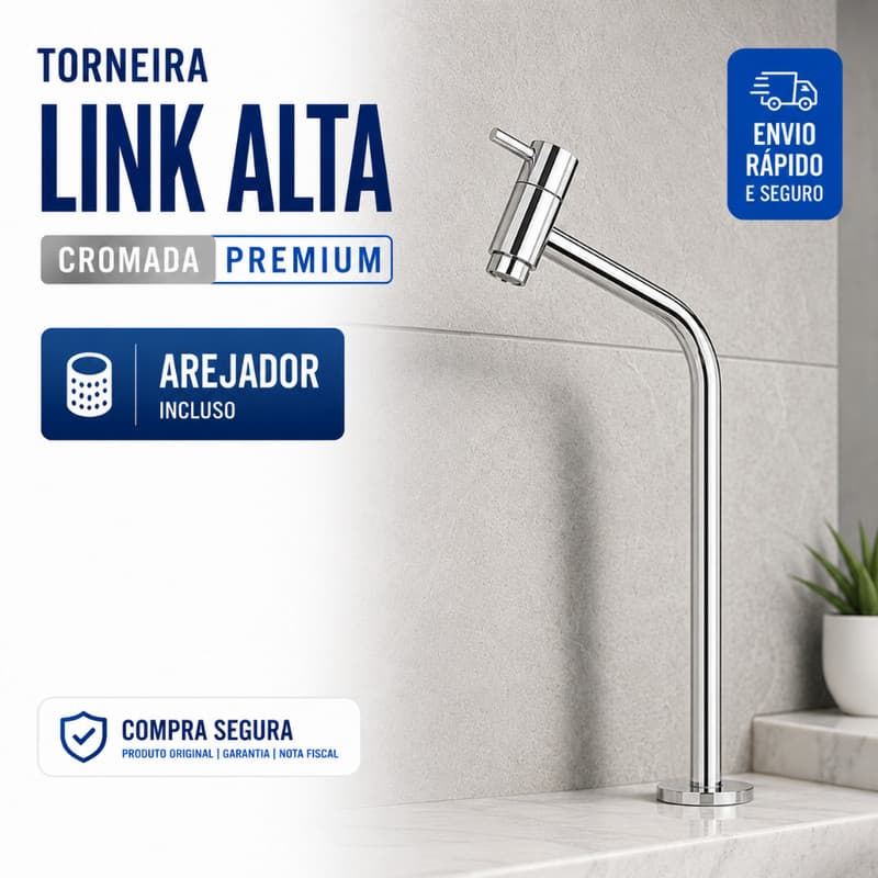 Torneira Bancada Link Banheiro Alta Cuba Pia Lavabo Lavatório Luxo Cromada 45º