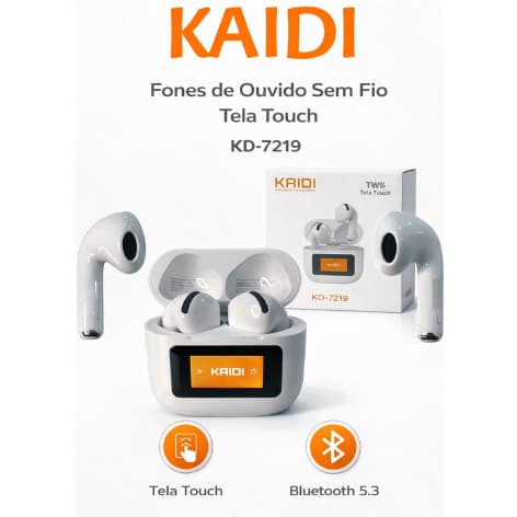 Fone Bluetooth Kaidi KD-7219 Tela Digital Touch TWS Som Potente Branco
