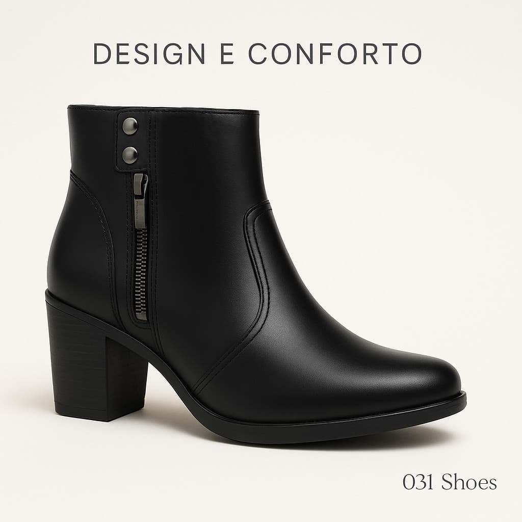 Bota Feminina Cano Curto Preta com Zíper – Estilosa, Confortável e Versátil – Tamanhos 34 ao 40