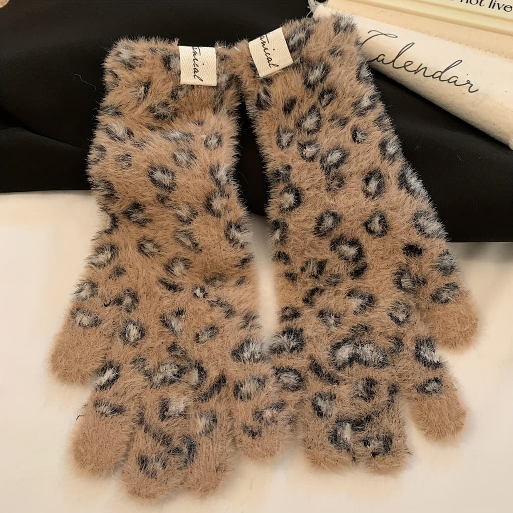 Luvas Longas de Ciclismo de Inverno para Mulheres, Estampa de Leopardo, Tela Sensível ao Toque, Luvas Espessas à Prova d