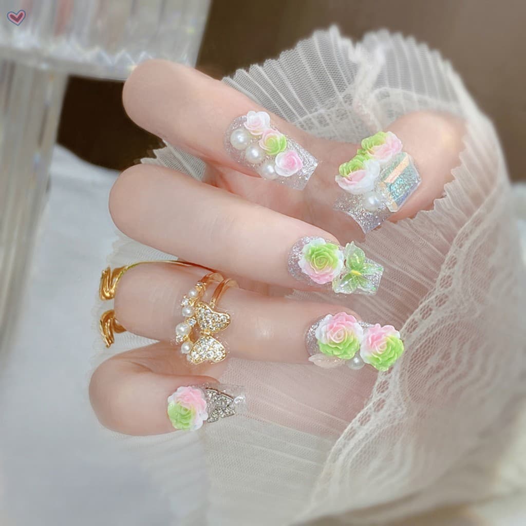 Unhas Falsas Com Glitter Prateado-Prensadas À Prova D'água Para Uso Diário